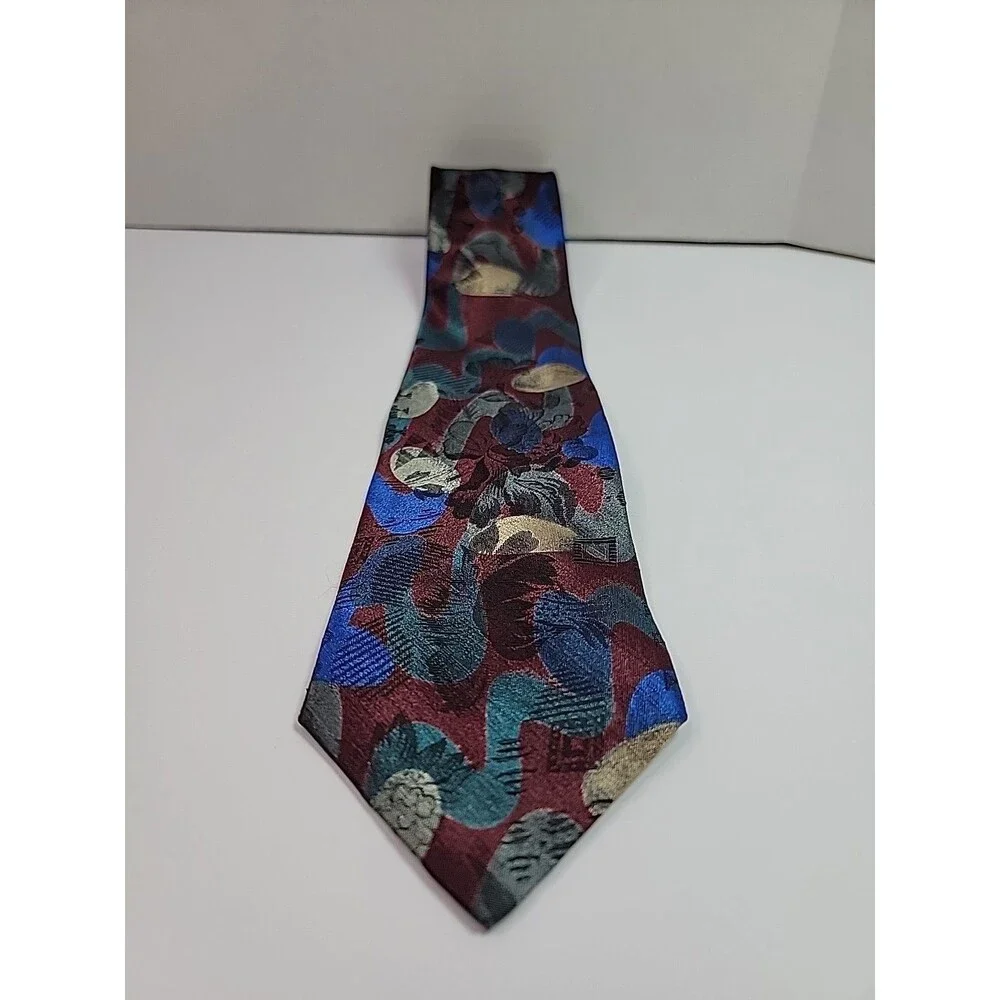 Towncraft Vintage Necktie Abstract Geometric Burgundy Blue Gray Tie 1960 Style